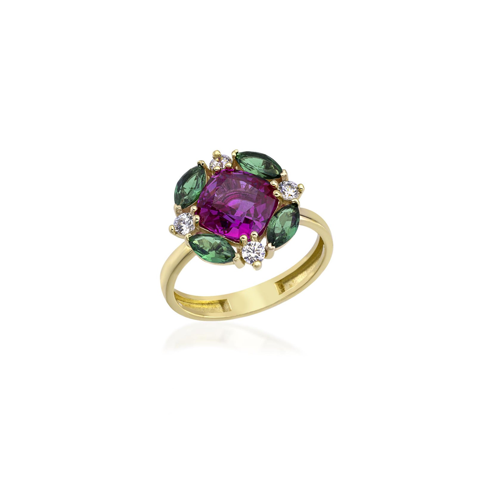 Ortası Pink Topaz Yanları Nano Paraiba Zümrüt Yuvarlak Taşlar Zirkon Yüzük