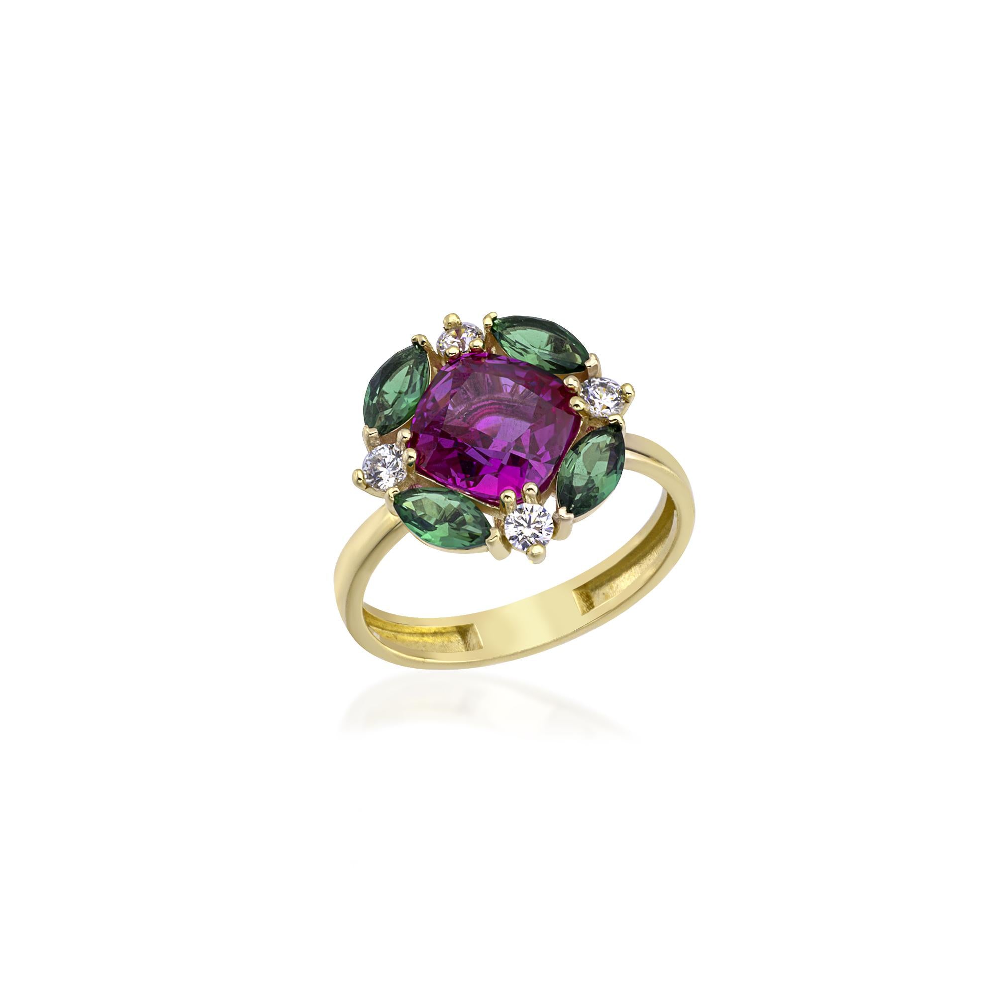 Ortası Pink Topaz Yanları Nano Paraiba Zümrüt Yuvarlak Taşlar Zirkon Yüzük